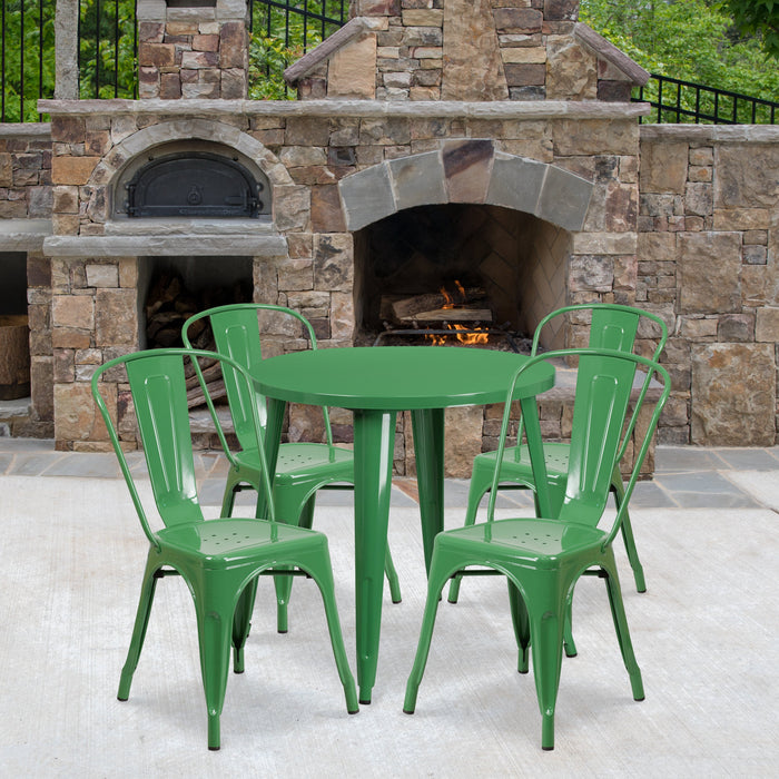 30'' Round Green Metal Indoor-Outdoor Restaurant Table Set with 4 Cafe Chairs