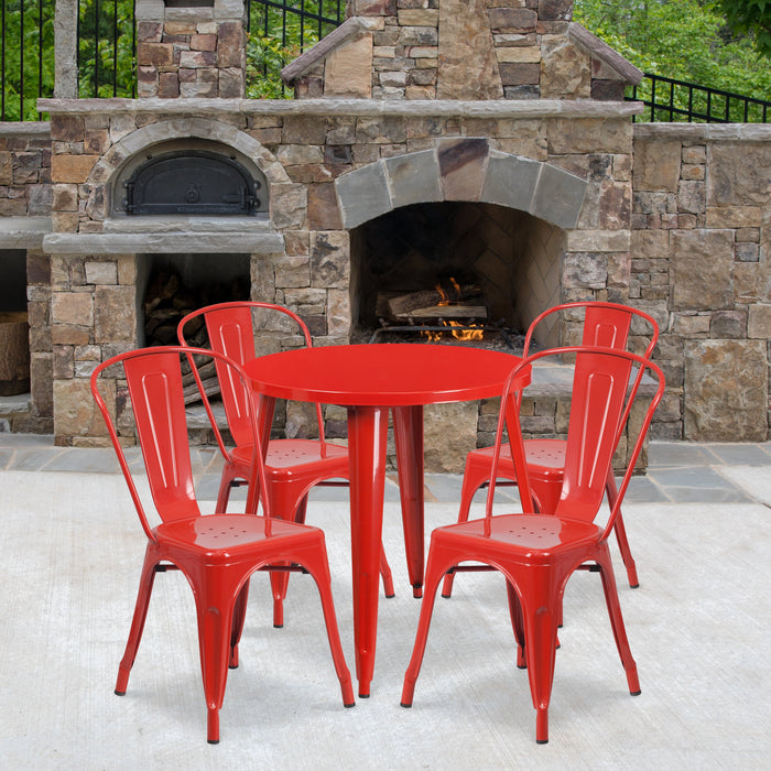 30'' Round Red Metal Indoor-Outdoor Restaurant Table Set with 4 Cafe Chairs