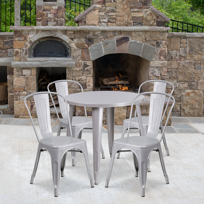 30'' Round Silver Metal Indoor-Outdoor Restaurant Table Set with 4 Cafe Chairs