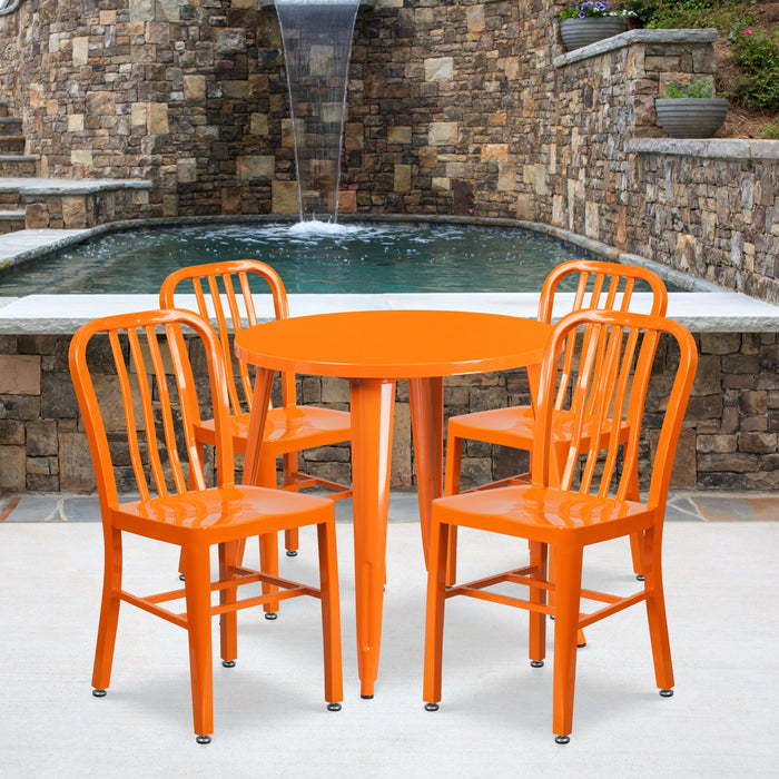 30'' Round Orange Metal Indoor-Outdoor Restaurant Table Set with 4 Vertical Slat Back Chairs