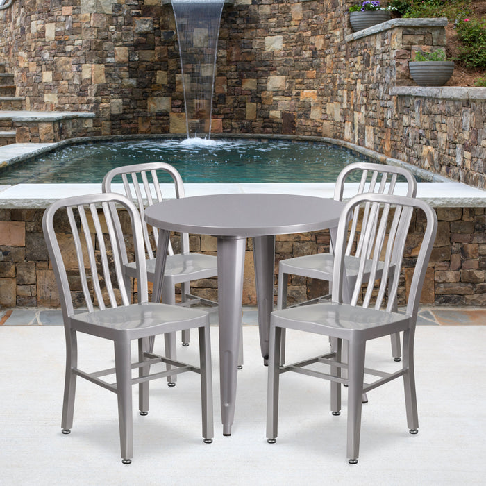 30'' Round Silver Metal Indoor-Outdoor Restaurant Table Set with 4 Vertical Slat Back Chairs