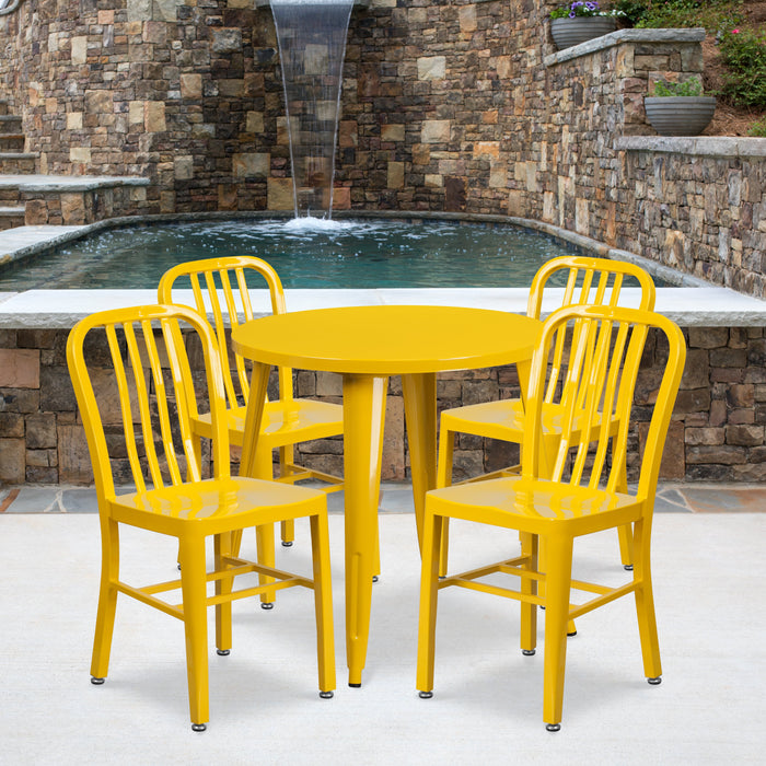 30'' Round Yellow Metal Indoor-Outdoor Restaurant Table Set with 4 Vertical Slat Back Chairs