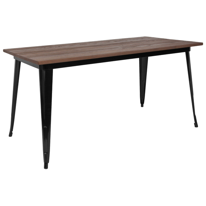 30.25" x 60" Rectangular Black Metal Indoor Restaurant Table with Walnut Rustic Wood Top