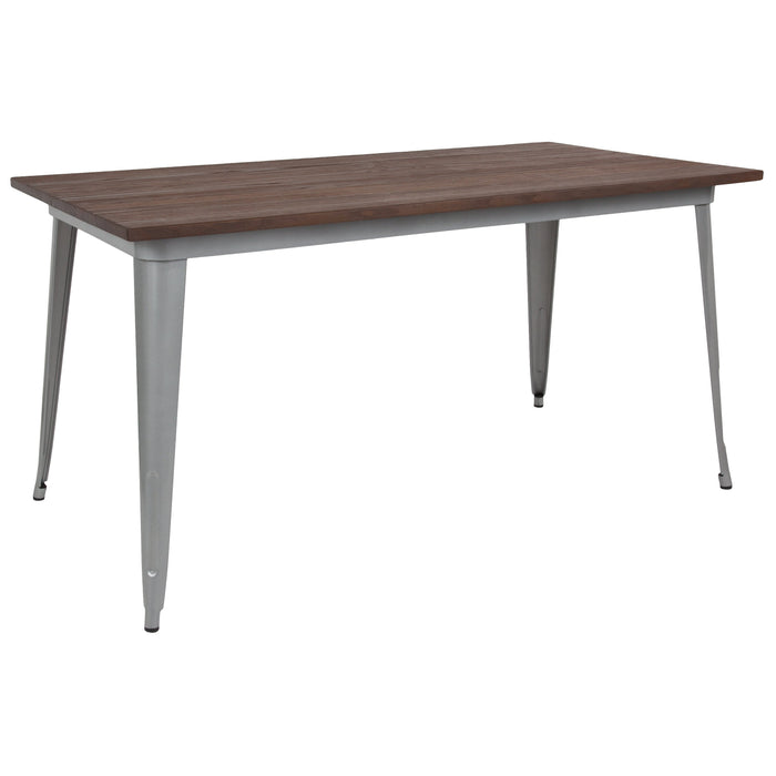 30.25" x 60" Rectangular Silver Metal Indoor Restaurant Table with Walnut Rustic Wood Top