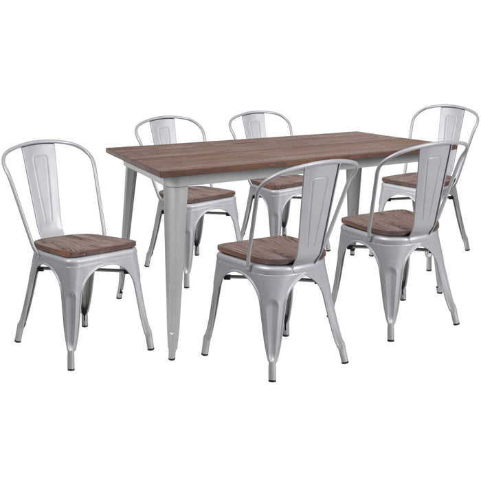 30.25" x 60" Rectangular Silver Metal Restaurant Table Set with Wood Top and 6 Stack Chairs