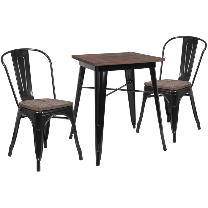 23.5" Square Black Metal Restaurant Table Set with Wood Top and 2 Stack Chairs