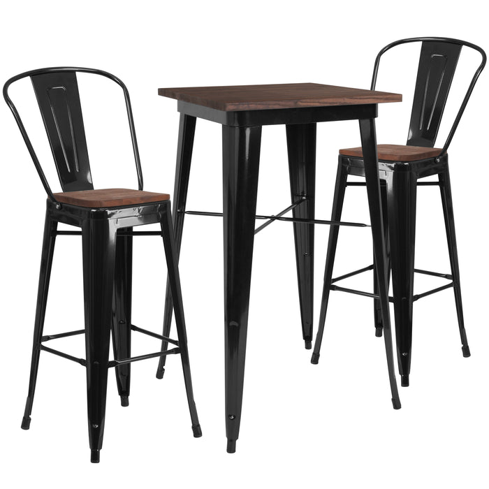 23.5" Square Black Metal Bar Table Set with Wood Top and 2 Stools