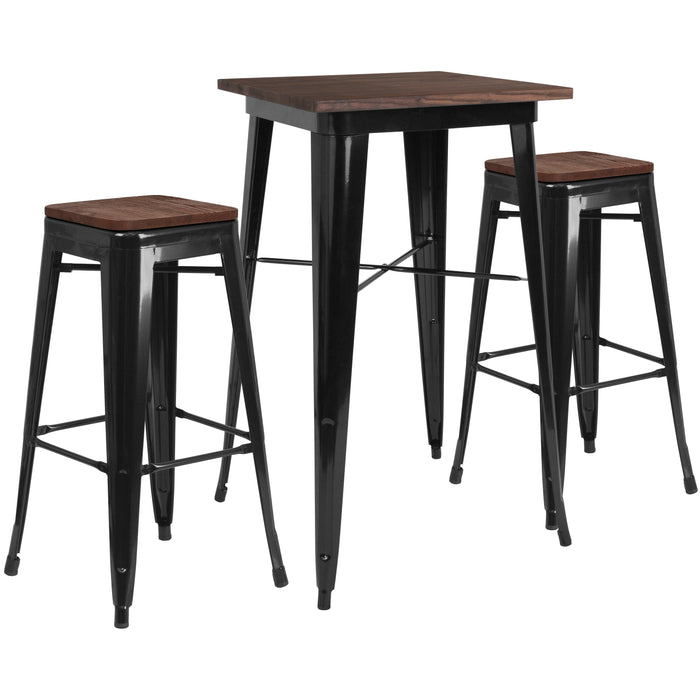 23.5" Square Black Metal Bar Table Set with Wood Top and 2 Backless Stools