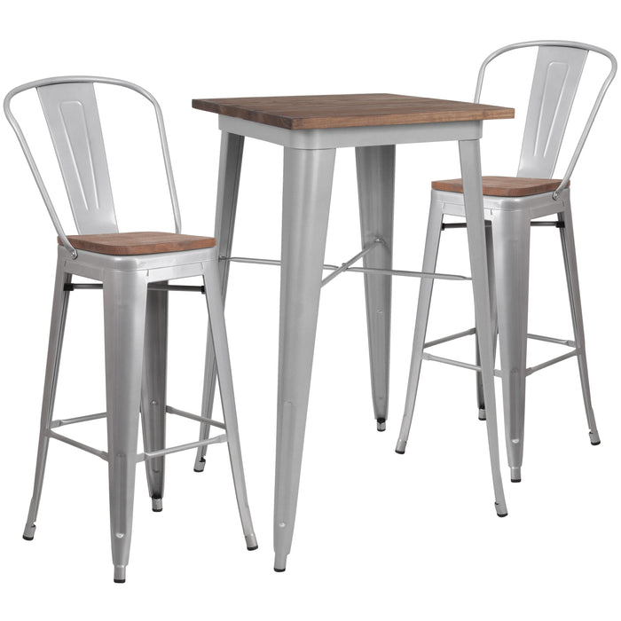 23.5" Square Silver Metal Bar Table Set with Wood Top and 2 Stools