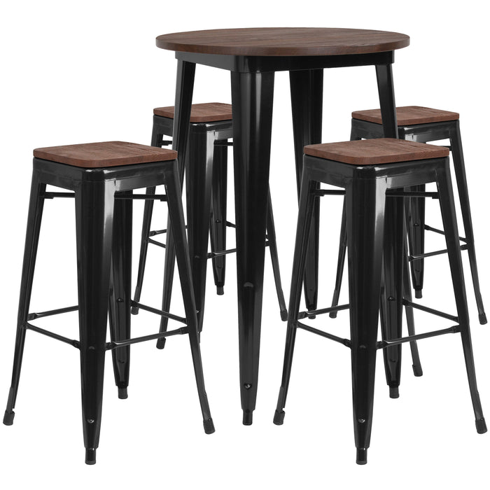30" Round Black Metal Bar Table Set with Wood Top and 4 Backless Stools