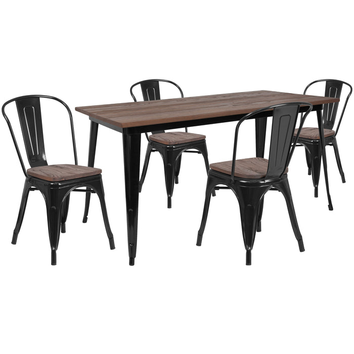 30.25" x 60" Rectangular Black Metal Restaurant Table Set with Wood Top and 4 Stack Chairs