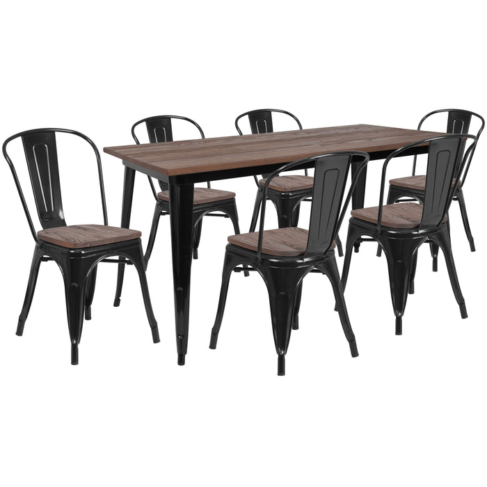 30.25" x 60" Rectangular Black Metal Restaurant Table Set with Wood Top and 6 Stack Chairs