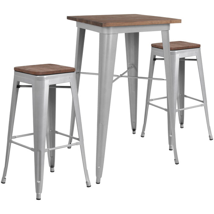 23.5" Square Silver Metal Bar Table Set with Wood Top and 2 Backless Stools