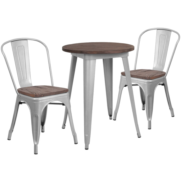 24" Round Silver Metal Restaurant Table Set with Wood Top and 2 Stack Chairs
