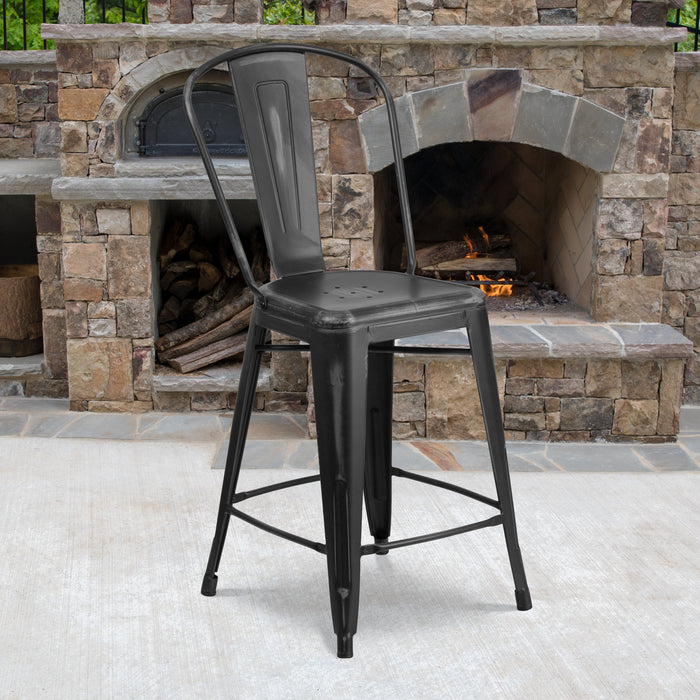24'' High Distressed Black Metal Restaurant Indoor-Outdoor Counter Height Stool with Back