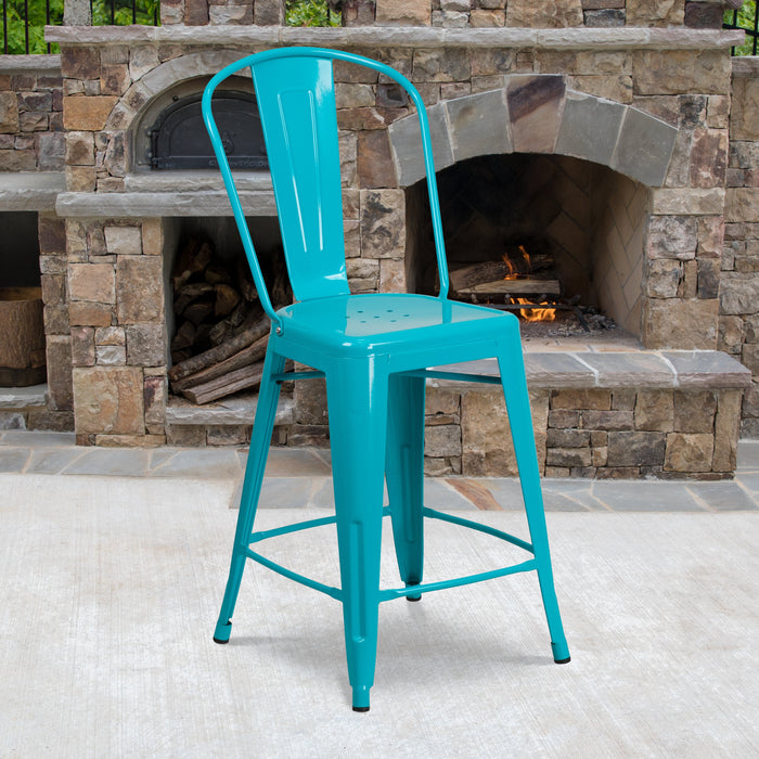 24'' High Crystal Teal-Blue Metal Restaurant Indoor-Outdoor Counter Height Stool with Back
