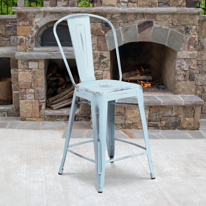 24'' High Distressed Green-Blue Metal Restaurant Indoor-Outdoor Counter Height Stool with Back