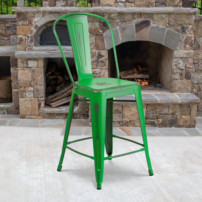 24'' High Distressed Green Metal Restaurant Indoor-Outdoor Counter Height Stool with Back