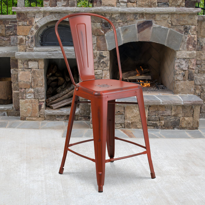 24'' High Distressed Kelly Red Metal Restaurant Indoor-Outdoor Counter Height Stool with Back