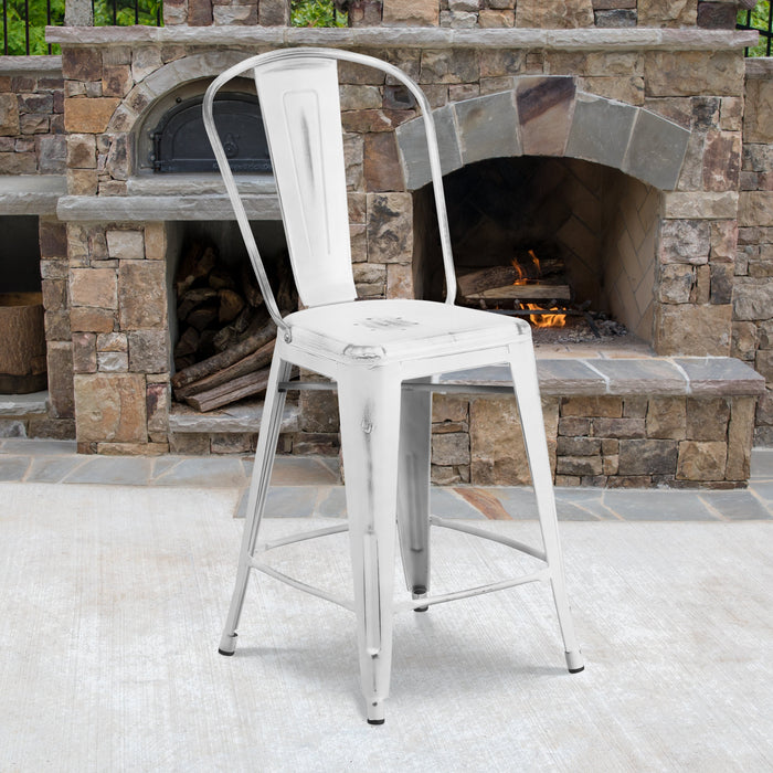 24'' High Distressed White Metal Restaurant Indoor-Outdoor Counter Height Stool with Back