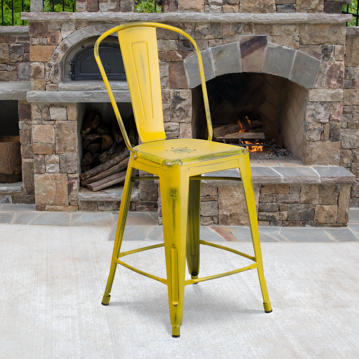 24'' High Distressed Yellow Metal Restaurant Indoor-Outdoor Counter Height Stool with Back
