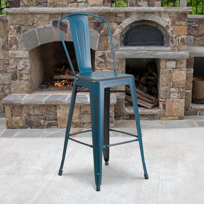 30'' High Distressed Antique Blue Metal Restaurant Indoor-Outdoor Barstool with Back