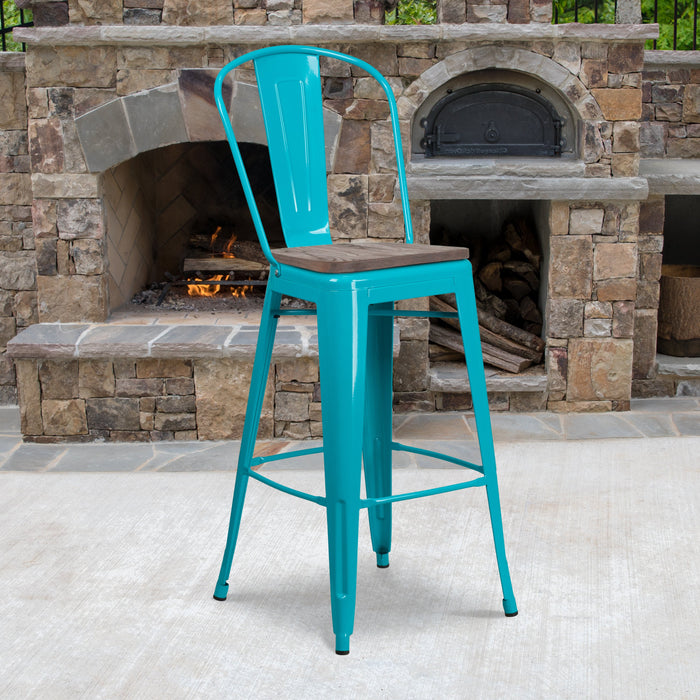 30" High Crystal Teal-Blue Metal Restaurant Barstool with Back and Wood Seat