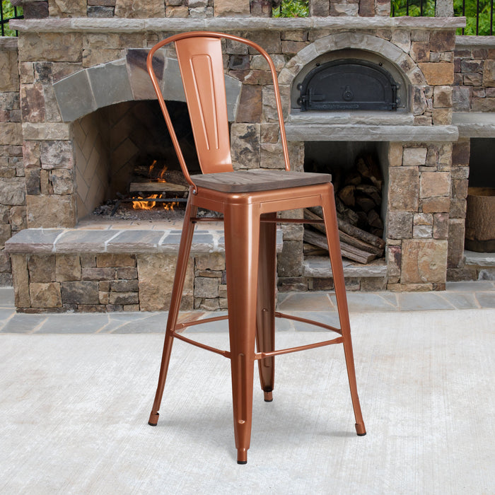 30" High Copper Metal Restaurant Barstool with Back and Wood Seat