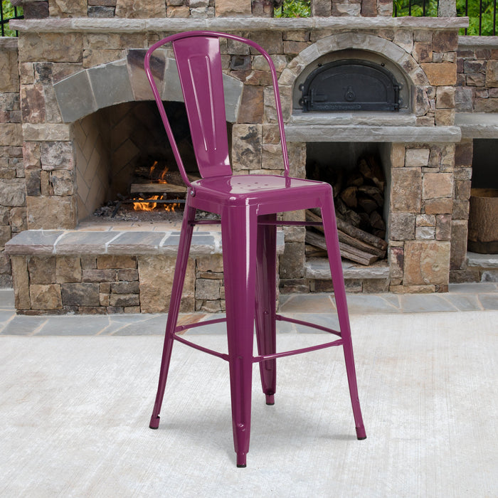 30'' High Purple Metal Restaurant Indoor-Outdoor Barstool with Back
