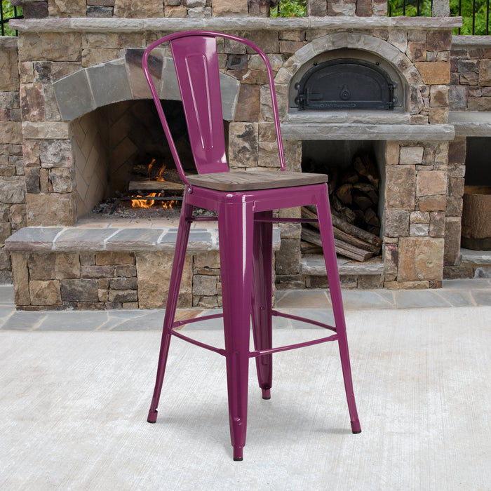30" High Purple Metal Restaurant Barstool with Back and Wood Seat
