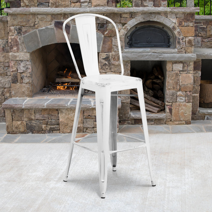 30'' High Distressed White Metal Restaurant Indoor-Outdoor Barstool with Back