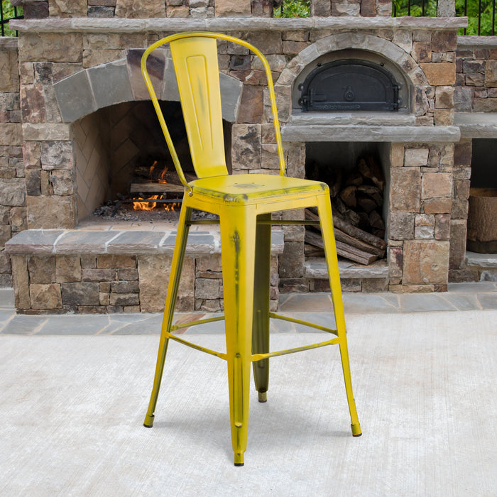30'' High Distressed Yellow Metal Restaurant Indoor-Outdoor Barstool with Back
