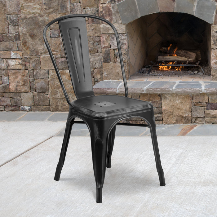 17.25" Distressed Black Metal Restaurant Indoor-Outdoor Stackable Chair