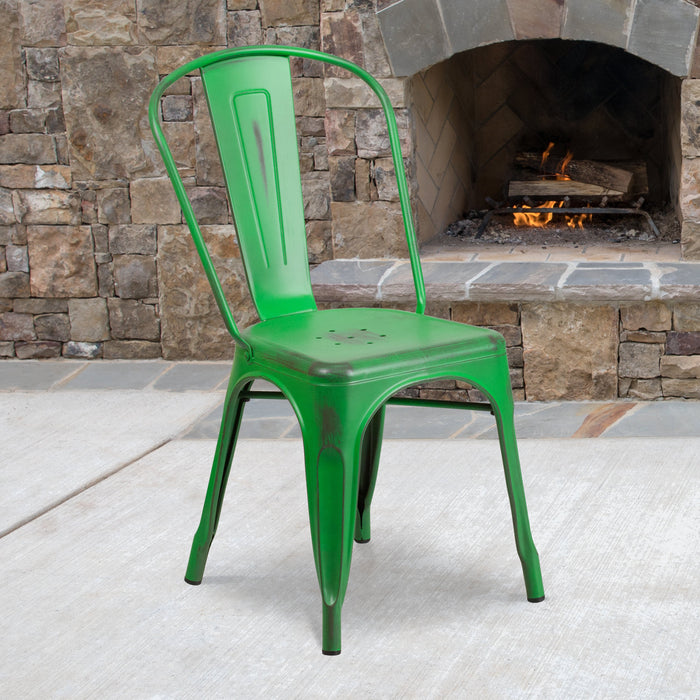 17.25" Distressed Green Metal Restaurant Indoor-Outdoor Stackable Chair