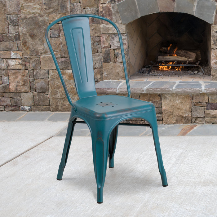 17.25" Distressed Kelly Blue-Teal Metal Restaurant Indoor-Outdoor Stackable Chair