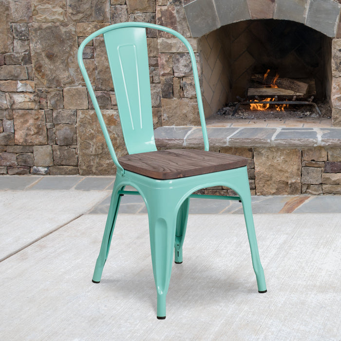 17.25" Mint Green Metal Restaurant Stackable Chair with Wood Seat