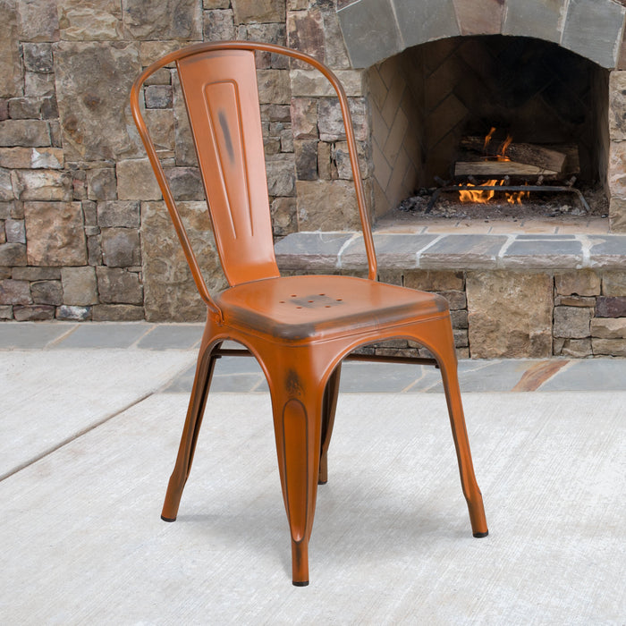 17.25" Distressed Orange Metal Restaurant Indoor-Outdoor Stackable Chair