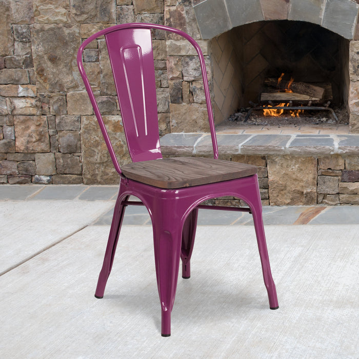 17.25" Purple Metal Restaurant Stackable Chair with Wood Seat