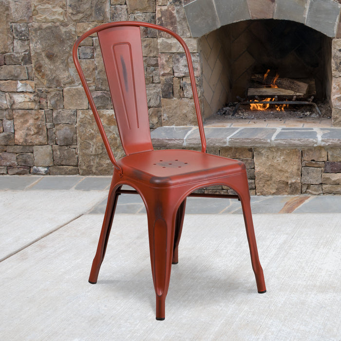 17.25" Distressed Kelly Red Metal Restaurant Indoor-Outdoor Stackable Chair