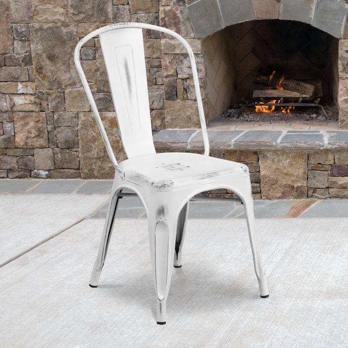 17.25" Distressed White Metal Restaurant Indoor-Outdoor Stackable Chair