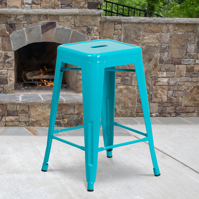 24'' High Backless Crystal Teal-Blue Metal Restaurant Indoor-Outdoor Counter Height Stool