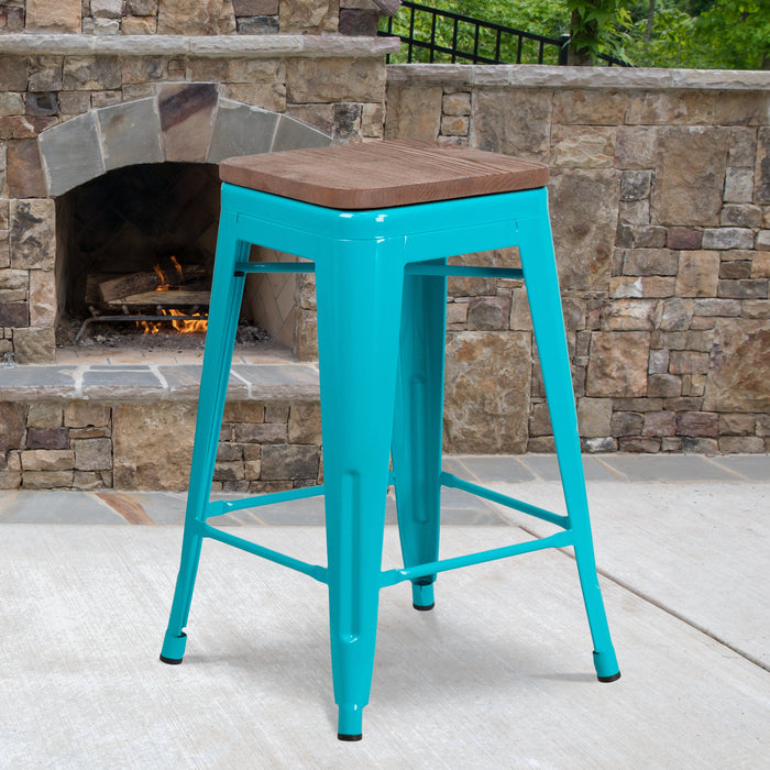 24" High Backless Crystal Teal-Blue Counter Height Restaurant Stool with Square Wood Seat