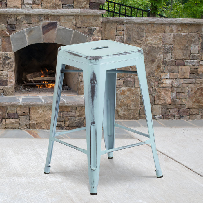 24'' High Backless Distressed Green-Blue Metal Restaurant Indoor-Outdoor Counter Height Stool