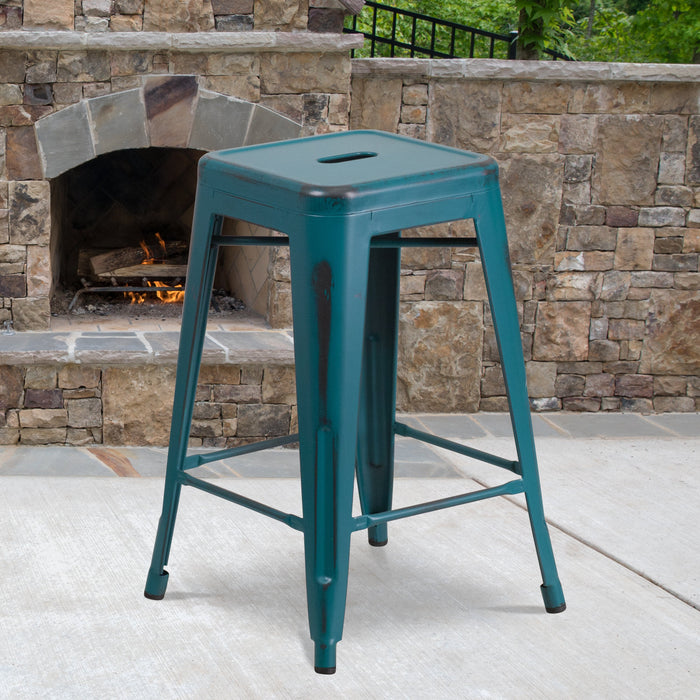 24'' High Backless Distressed Kelly Blue-Teal Metal Restaurant Indoor-Outdoor Counter Height Stool