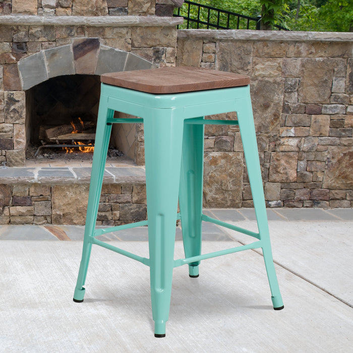 24" High Backless Mint Green Counter Height Restaurant Stool with Square Wood Seat