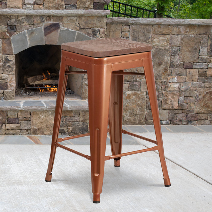 24" High Backless Copper Counter Height Restaurant Stool with Square Wood Seat