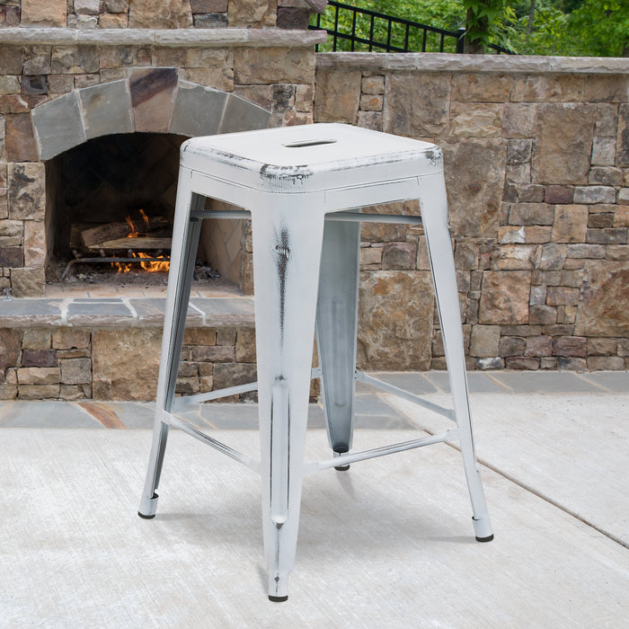24'' High Backless Distressed White Metal Restaurant Indoor-Outdoor Counter Height Stool