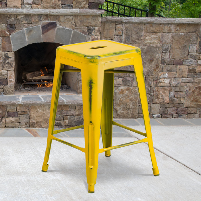 24'' High Backless Distressed Yellow Metal Restaurant Indoor-Outdoor Counter Height Stool