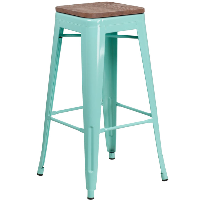 30" High Backless Mint Green Restaurant Barstool with Square Wood Seat