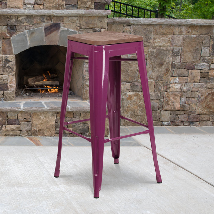 30" High Backless Purple Restaurant Barstool with Square Wood Seat
